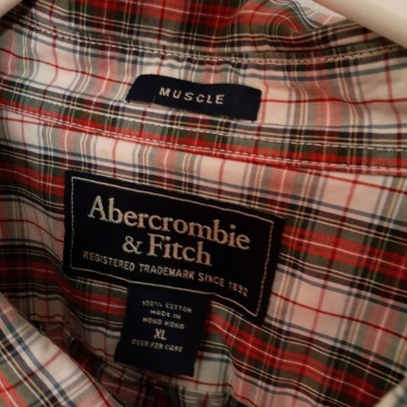 Abercrombie & Fitch muscle red white plaid casual button-down shirt XL mens top - Picture 1 of 5